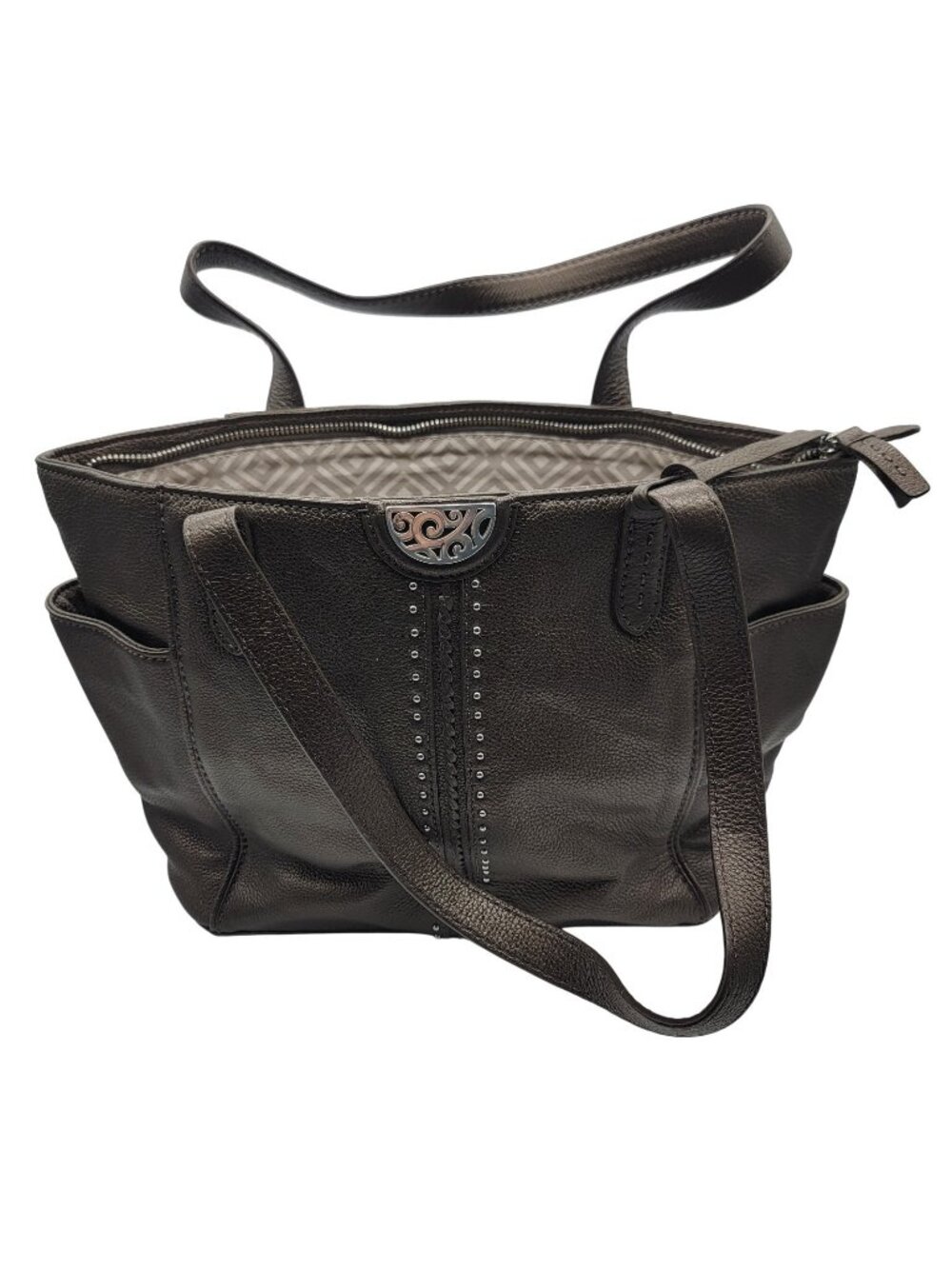 BRIGHTON Pretty Tough Collection Metallic Pewter Leather Studded Soft tote Bag